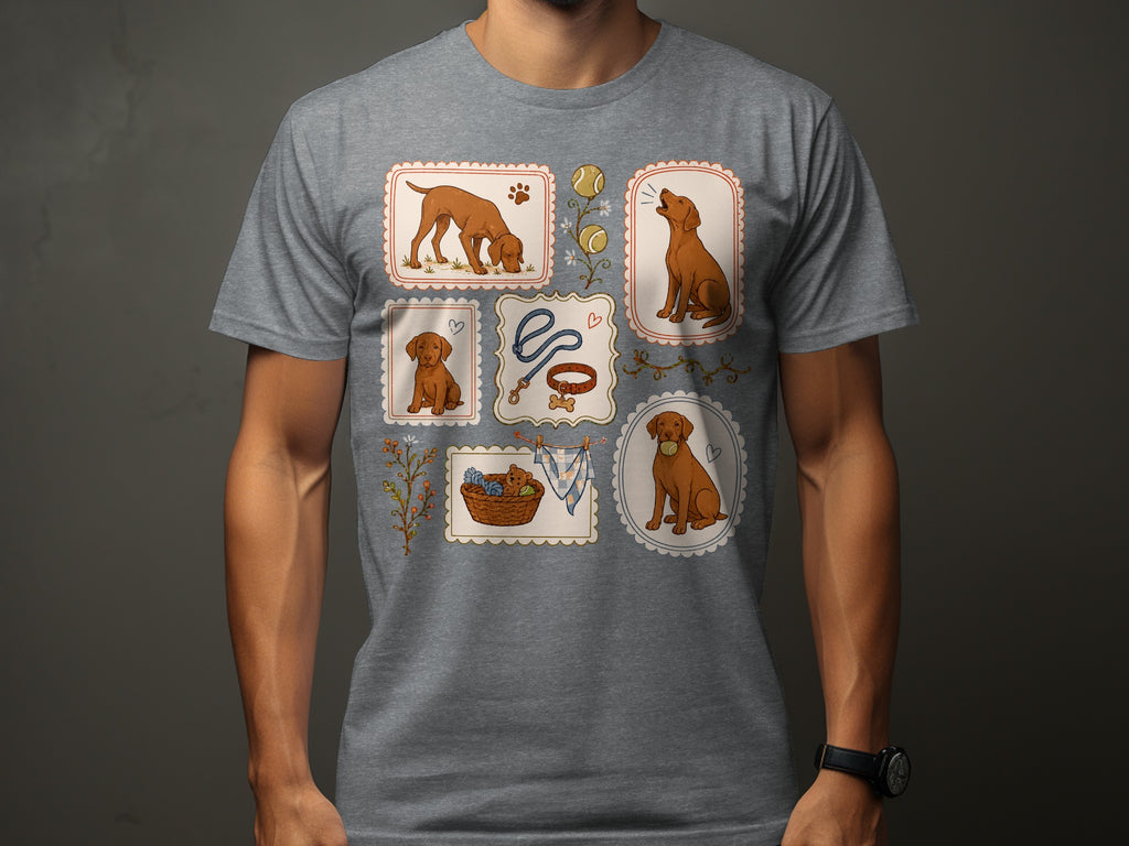 Framed illustrations of a dog, leash, and toys on a grey t-shirt.