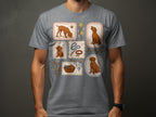 Framed illustrations of a dog, leash, and toys on a grey t-shirt.