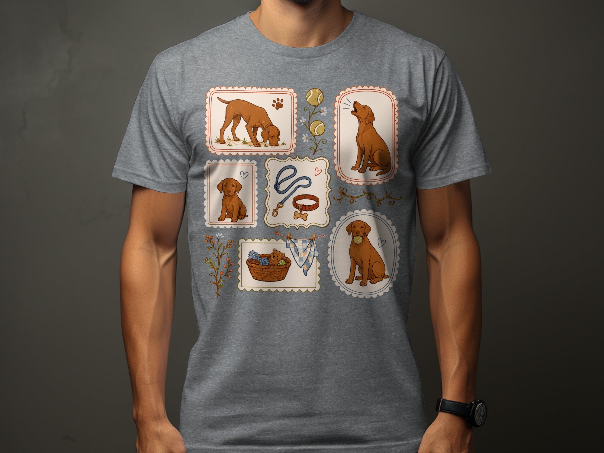 Framed illustrations of a dog, leash, and toys on a grey t-shirt.