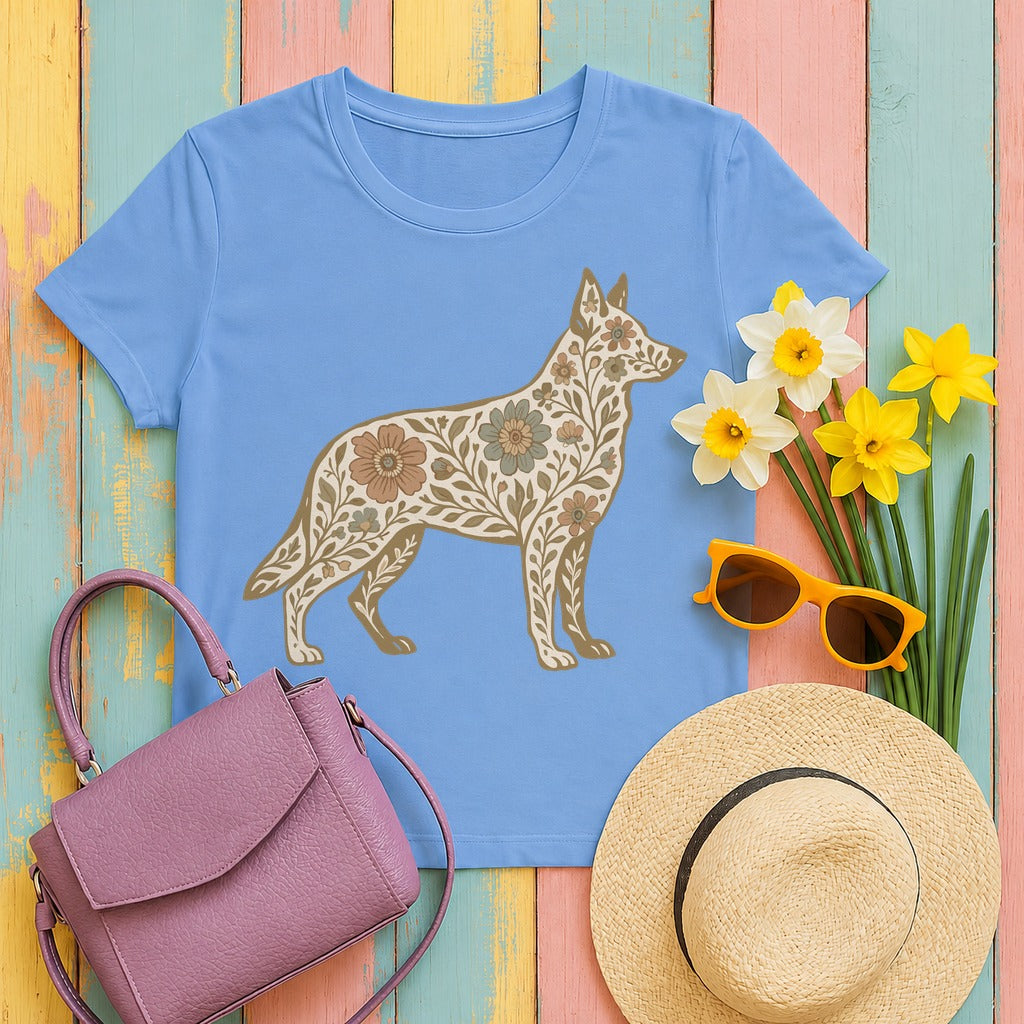 Floral German Shepherd Silhouette Unique Graphic Design T-Shirt in Carolina Blue