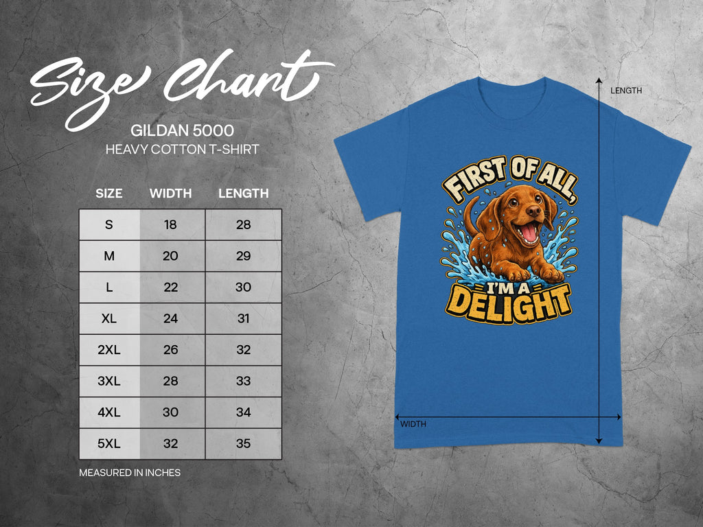 Gildan 5000 t-shirt size chart with dog graphic.