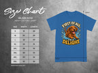 Gildan 5000 t-shirt size chart with dog graphic.