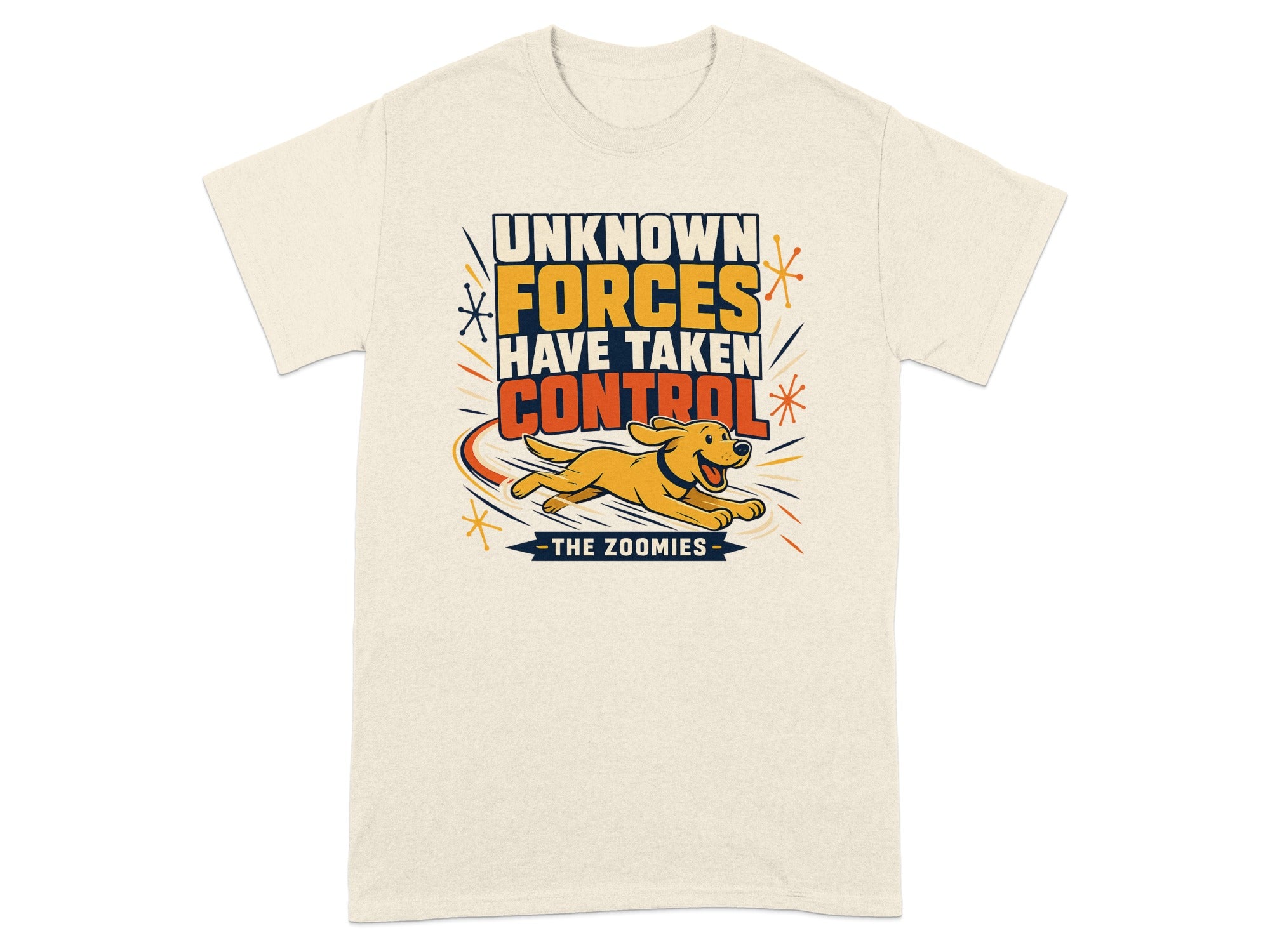 Yellow dog running with "Unknown Forces Have Taken Control - The Zoomies" text.