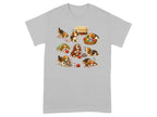 Several beagle puppies play with and get tangled in balls of yarn on a grey t-shirt.
