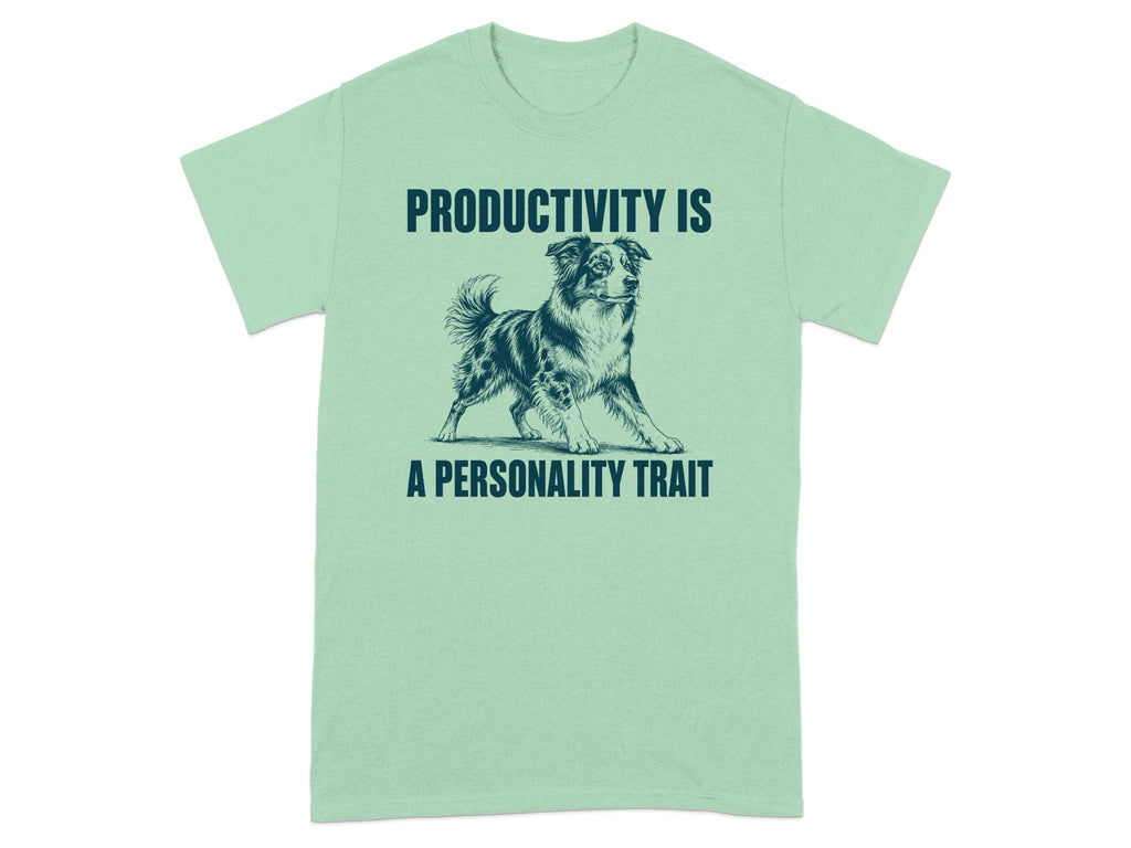 Mint t-shirt with a dog and text "PRODUCTIVITY IS A PERSONALITY TRAIT".
