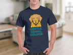 Navy t-shirt with golden retriever portrait and text "GENTLE. GENIAL. GOLDEN."