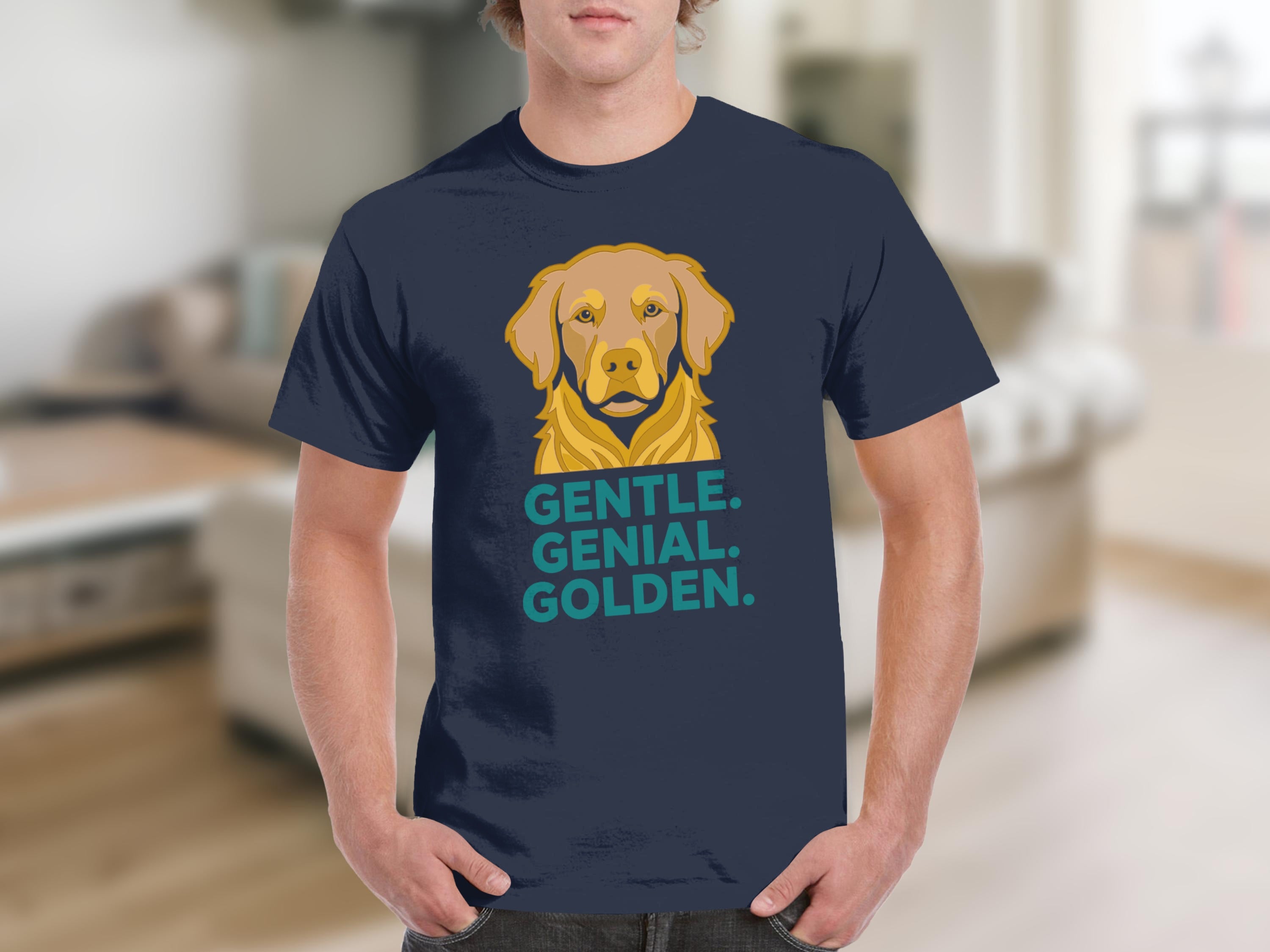 Navy t-shirt with golden retriever portrait and text "GENTLE. GENIAL. GOLDEN."