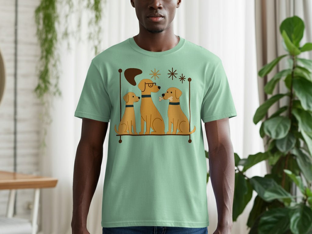 Mint green t-shirt with a graphic of three cartoon dogs and retro-style starbursts.