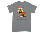 T-shirt with colorful, geometric dog illustration and text "feral little creature, perfectly formed".