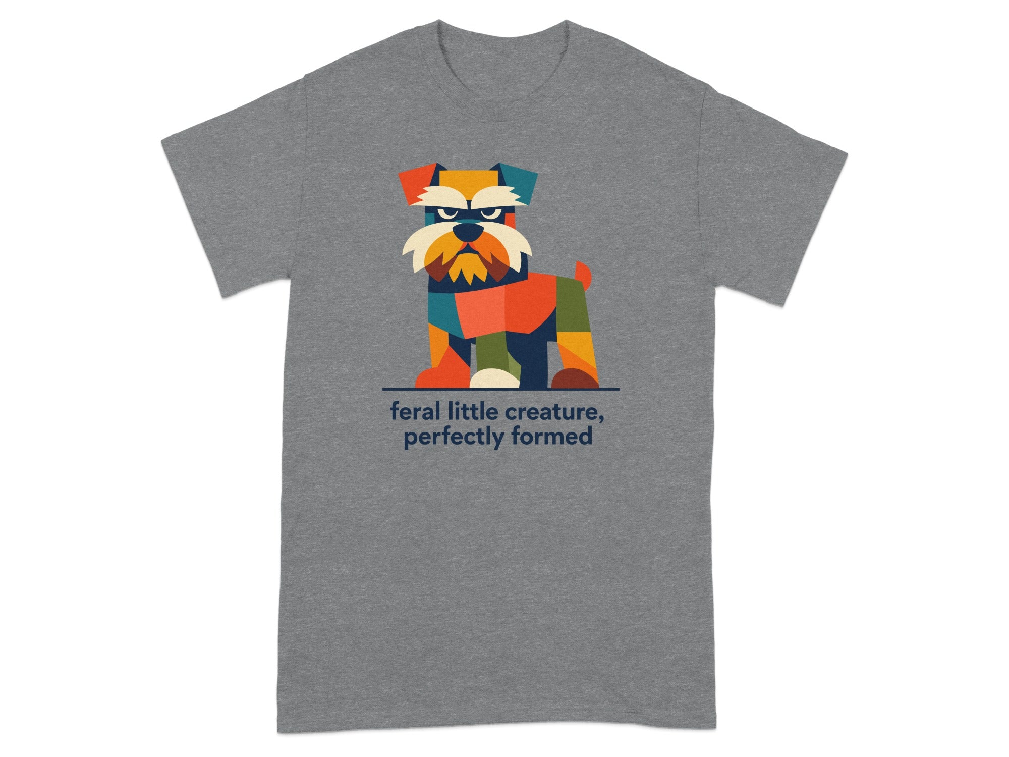 T-shirt with colorful, geometric dog illustration and text "feral little creature, perfectly formed".