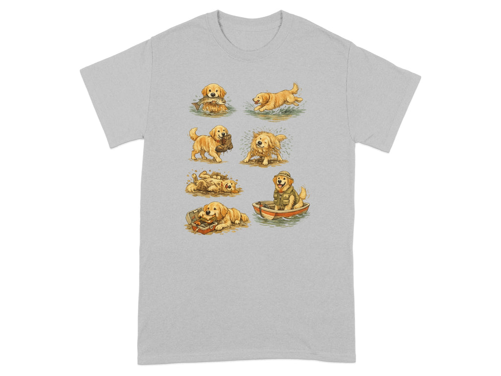 Seven playful golden retrievers depicted in various outdoor activities on a grey t-shirt.