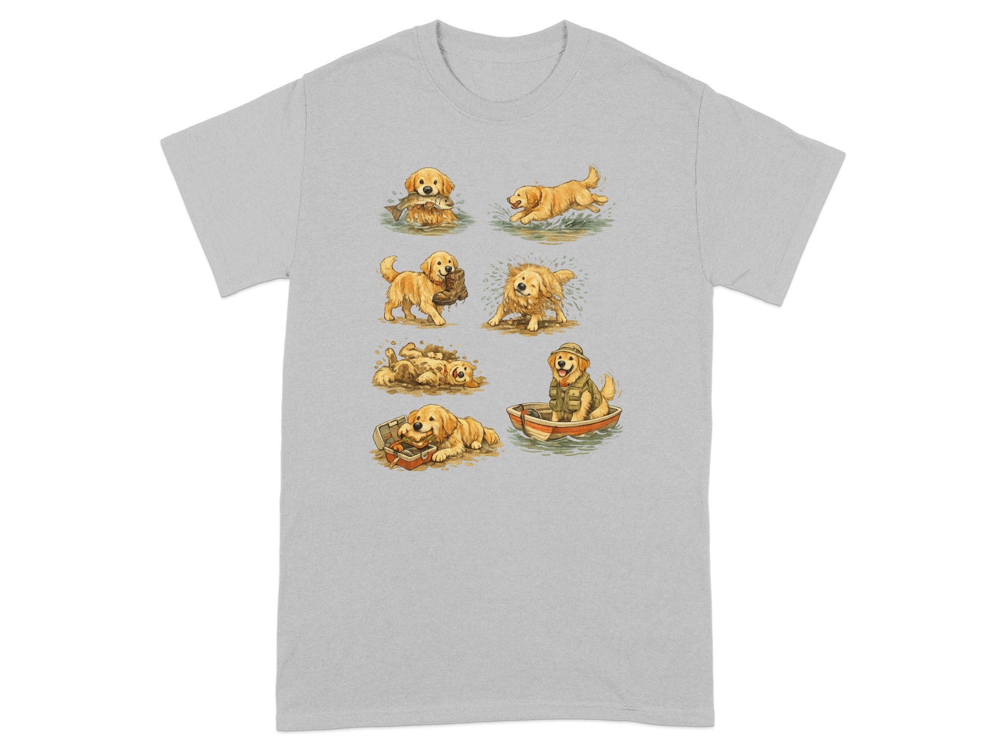 Seven playful golden retrievers depicted in various outdoor activities on a grey t-shirt.