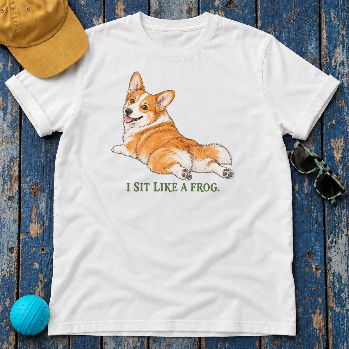 I Sit Like a Frog Corgi T-Shirt in White - flat lay