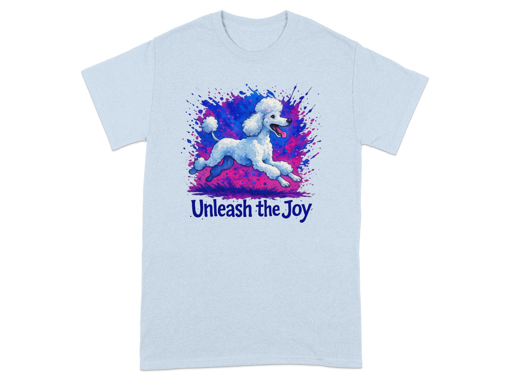 Light blue t-shirt with a white poodle mid-leap on a multicolor splatter background.
