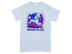 Light blue t-shirt with a white poodle mid-leap on a multicolor splatter background.