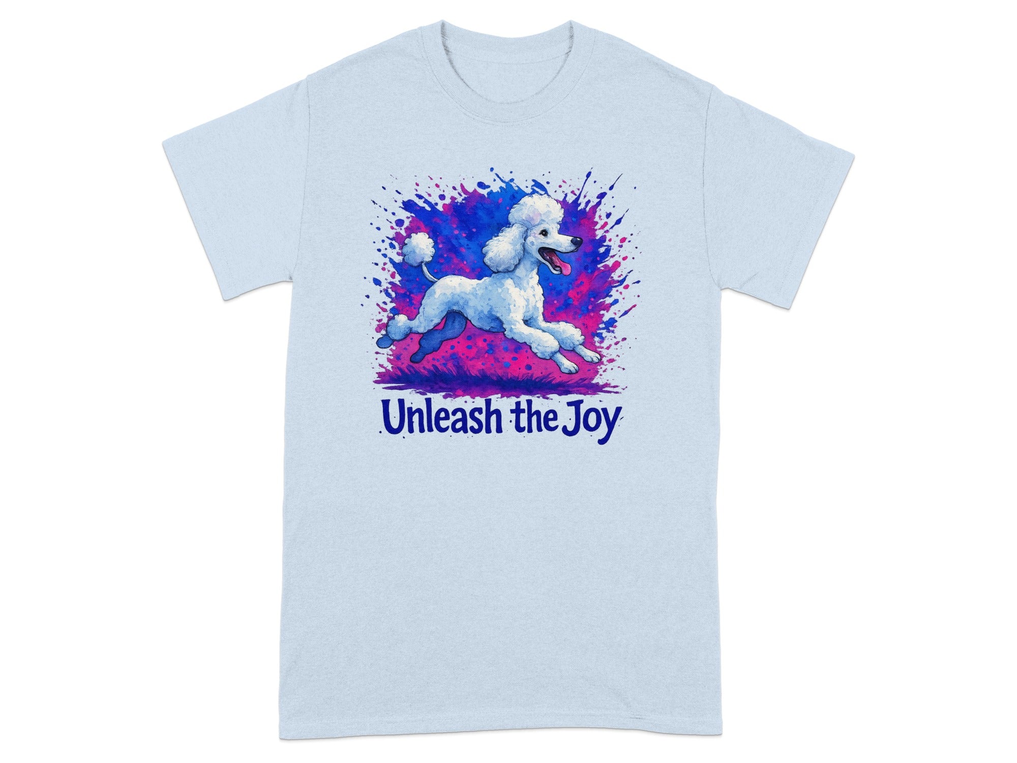 Light blue t-shirt with a white poodle mid-leap on a multicolor splatter background.