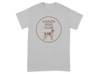 T-shirt with a circular brown logo featuring a dog and "CHAOS DOG CLUB" text.