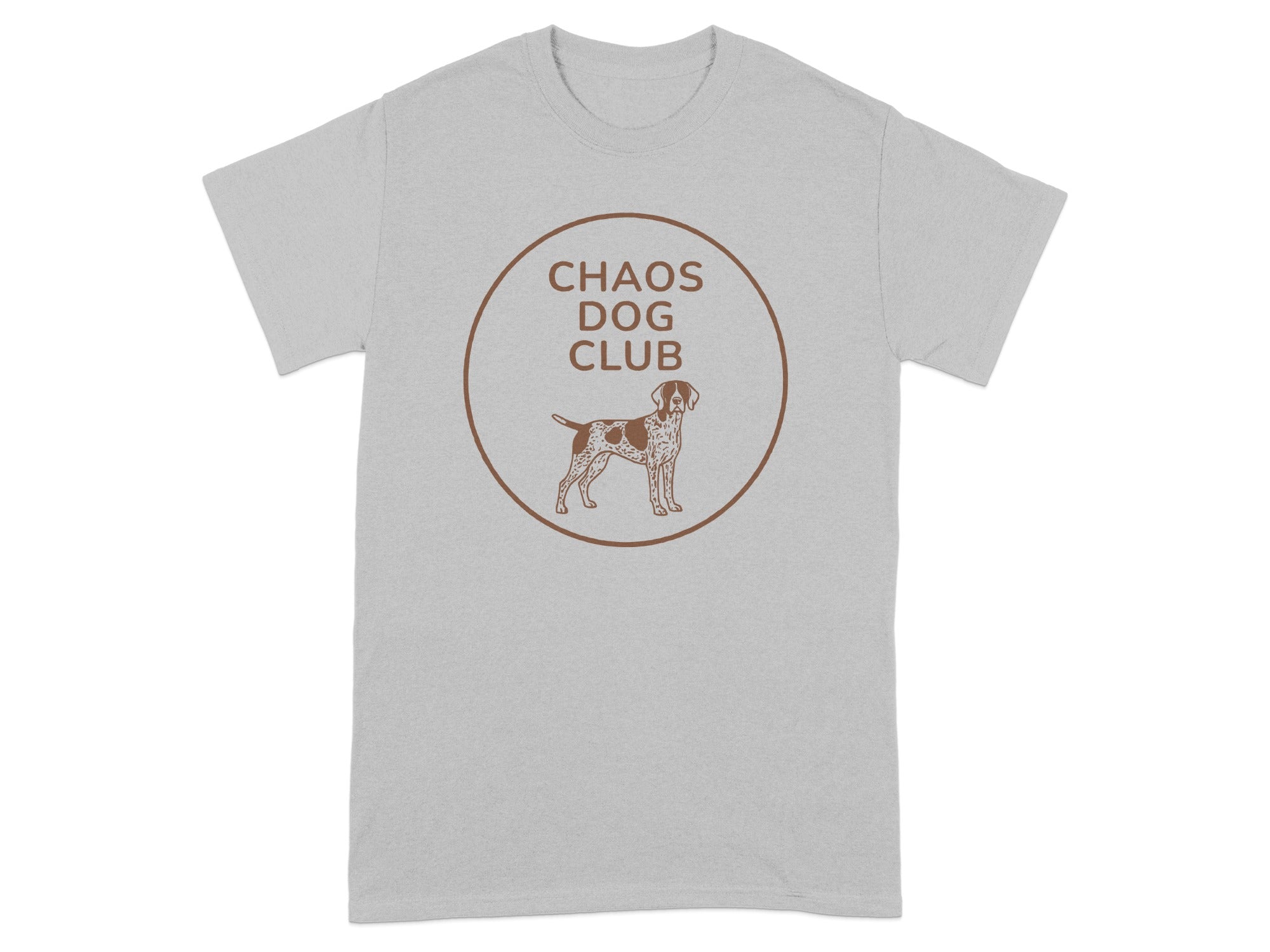 T-shirt with a circular brown logo featuring a dog and "CHAOS DOG CLUB" text.
