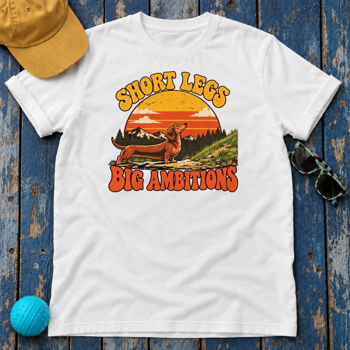 Short Legs Big Ambitions Dachshund T-Shirt in White - flat lay