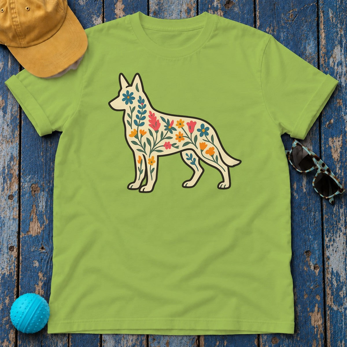 Floral German Shepherd T-Shirt in Kiwi