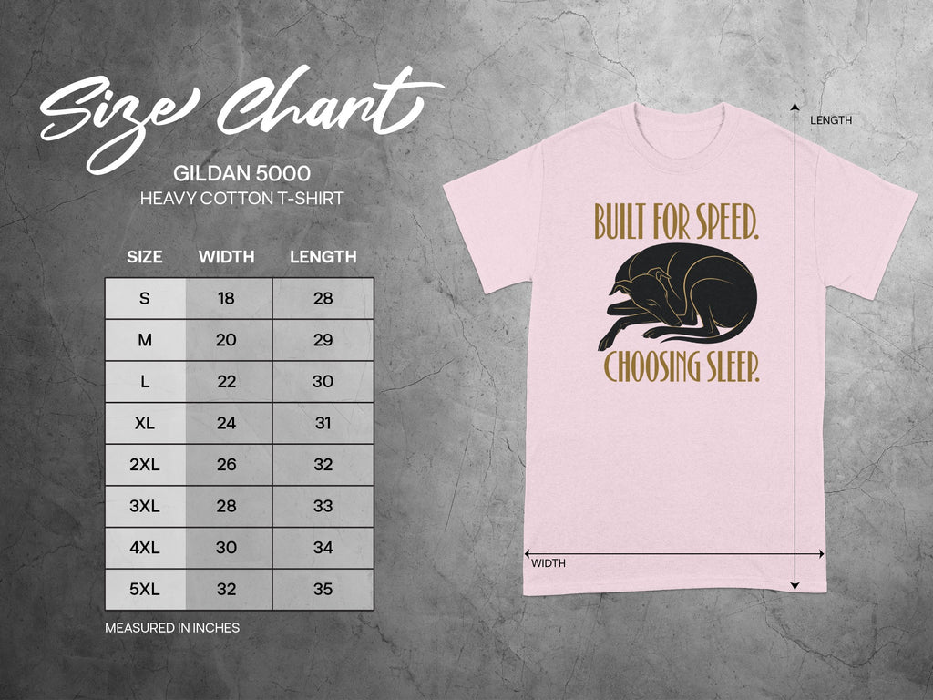 Gildan 5000 size chart showing shirt measurements and "Built for Speed. Choosing Sleep." graphic.