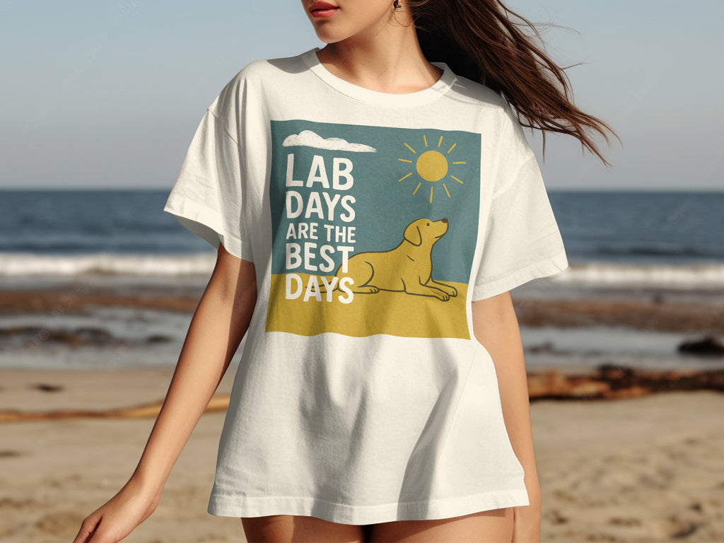 White t-shirt with graphic text "LAB DAYS ARE THE BEST DAYS" and a yellow lab.