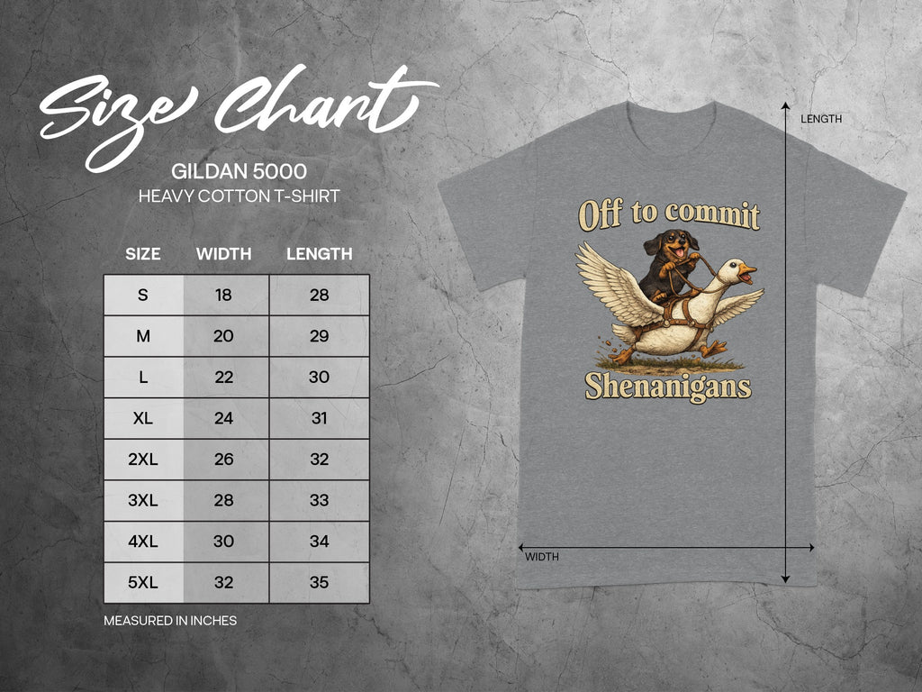 Gildan 5000 heavy cotton t-shirt size chart with dog riding duck graphic.