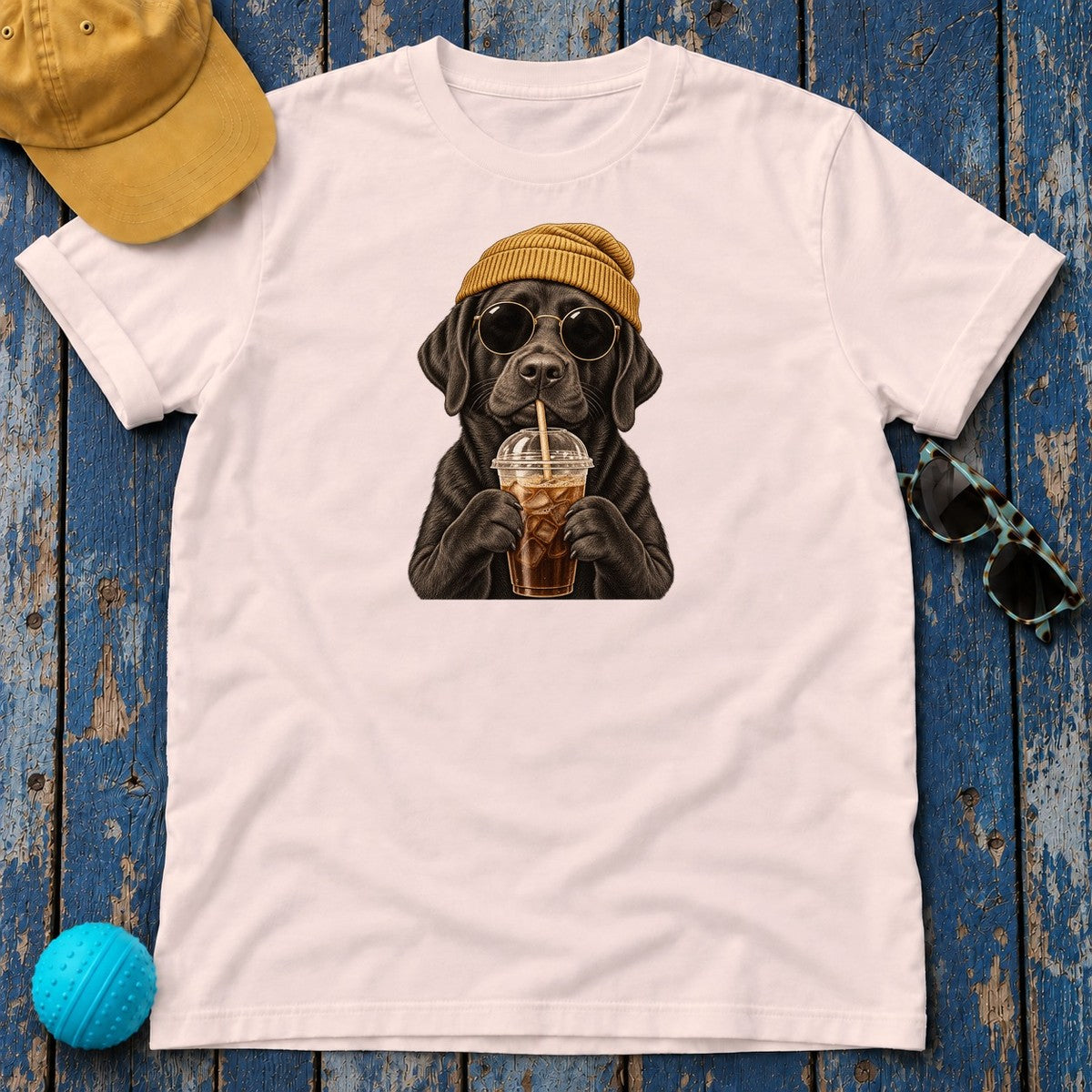 Engraved Labrador Iced Coffee T-Shirt — Soft Pink