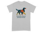 Grey t-shirt with a colorful geometric dog illustration and text.