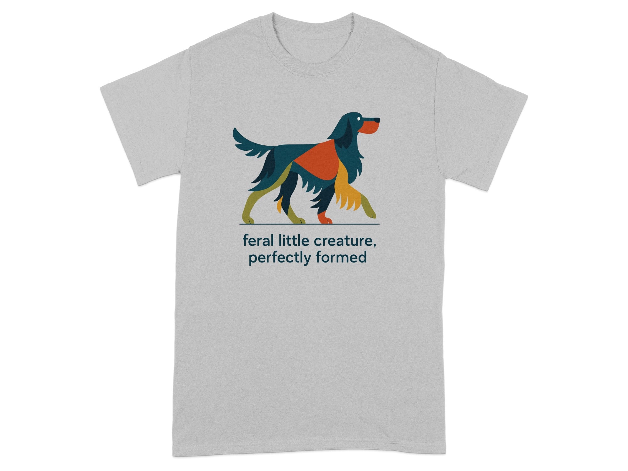 Grey t-shirt with a colorful geometric dog illustration and text.