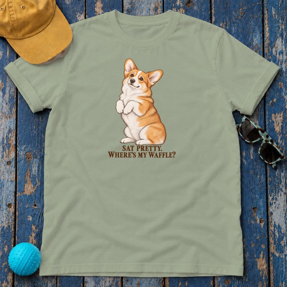 Sat Pretty Where's My Waffle Corgi T-Shirt in Sage - flat lay