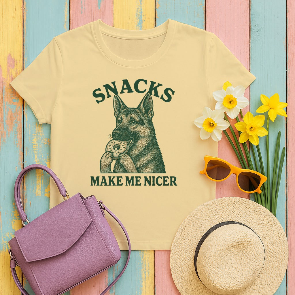 Snacks Make Me Nicer Funny German Shepherd With Donut Cute T-Shirt in Yellow Haze