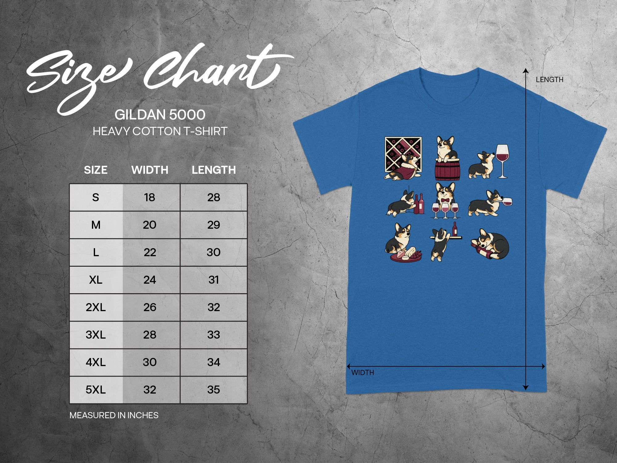 Gildan 5000 Heavy Cotton T-shirt size chart with corgi illustrations and measurements in inches.