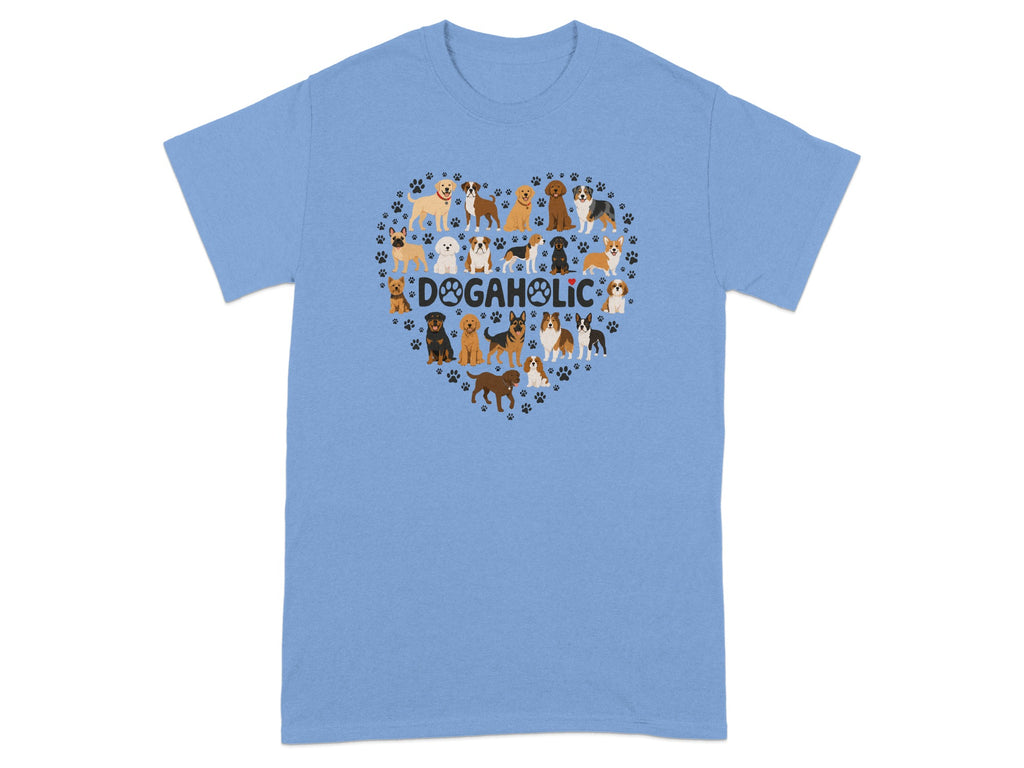 Light blue t-shirt with heart-shaped dog collage and "DOGAHOLIC" text.