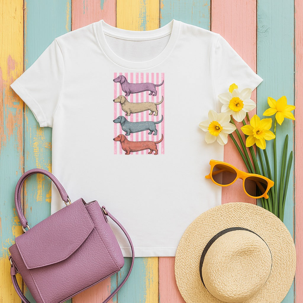 Pastel Dachshund Stack T-Shirt in White