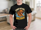 Black t-shirt with a playful dachshund puppy in water, text reads "First of all, I'm a delight."