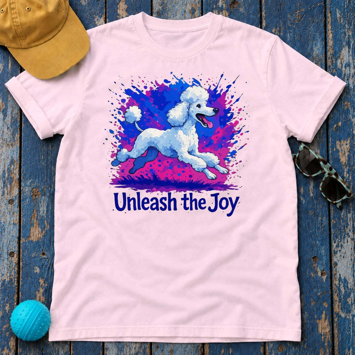 Joyful Poodle Splash Art T-Shirt in Light Pink