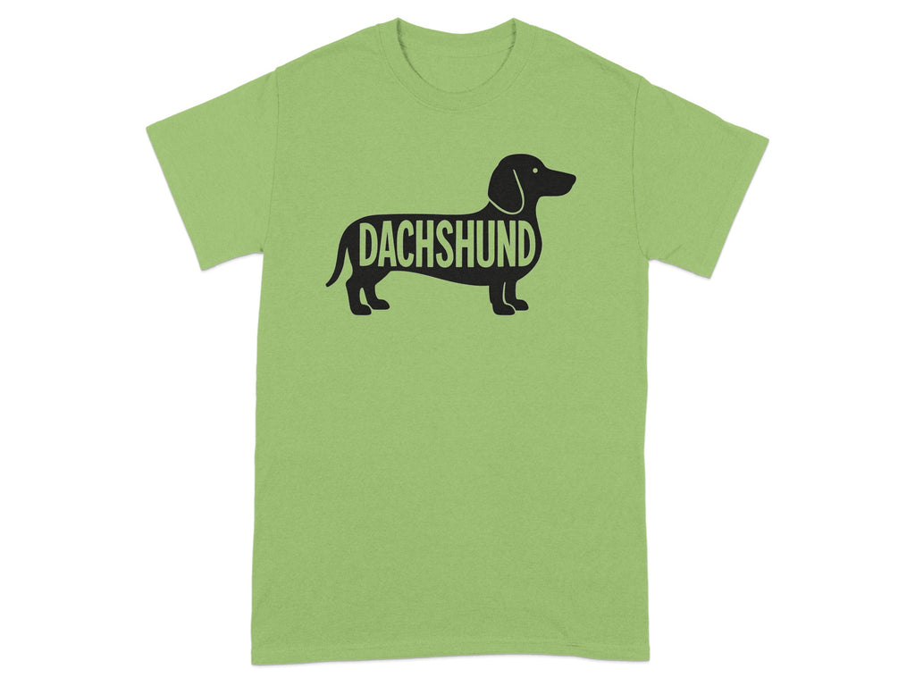 Light green t-shirt with black dachshund silhouette and text.