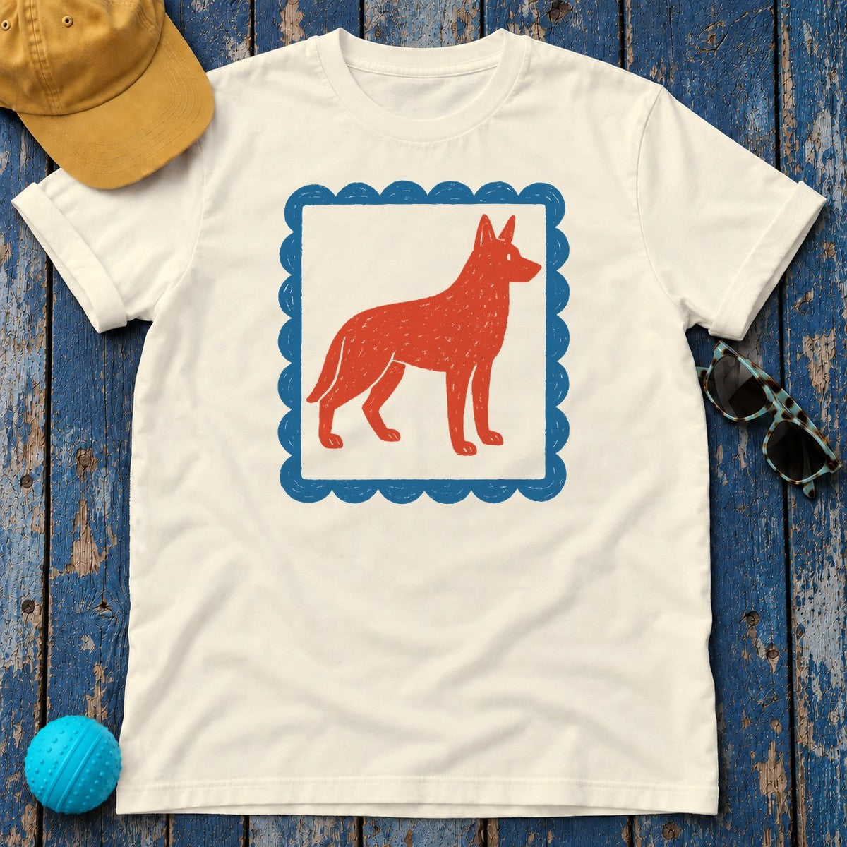 German Shepherd Stamp With Blue Border Decorative Design T-Shirt in Natural