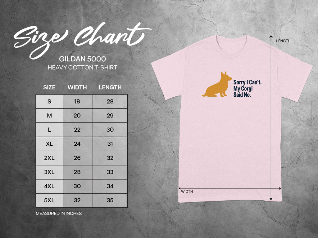 Gildan 5000 size chart for heavy cotton t-shirt with width and length measurements.