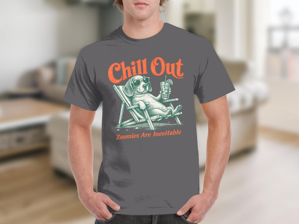 Dog in sunglasses relaxing in a beach chair with "Chill Out" text.