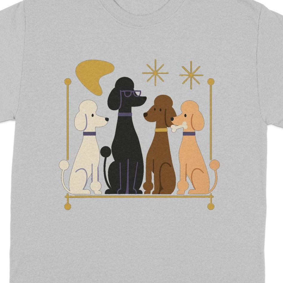 Four poodles in different colors sitting side-by-side with decorative elements.