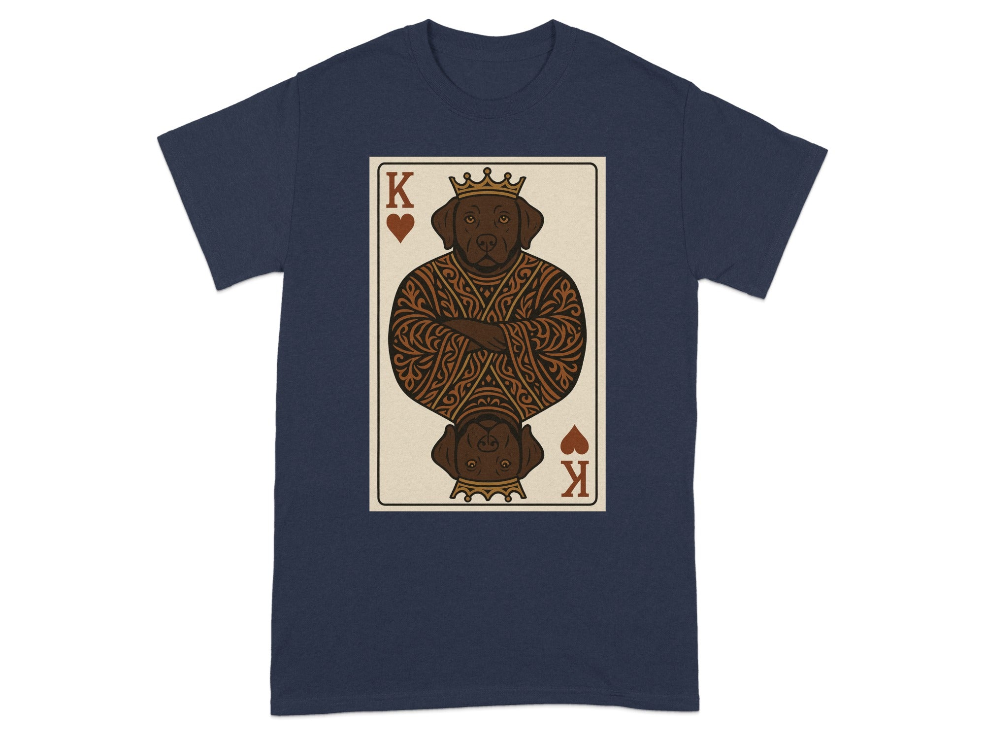 King of Hearts playing card with a brown dog wearing a crown and ornate pattern.