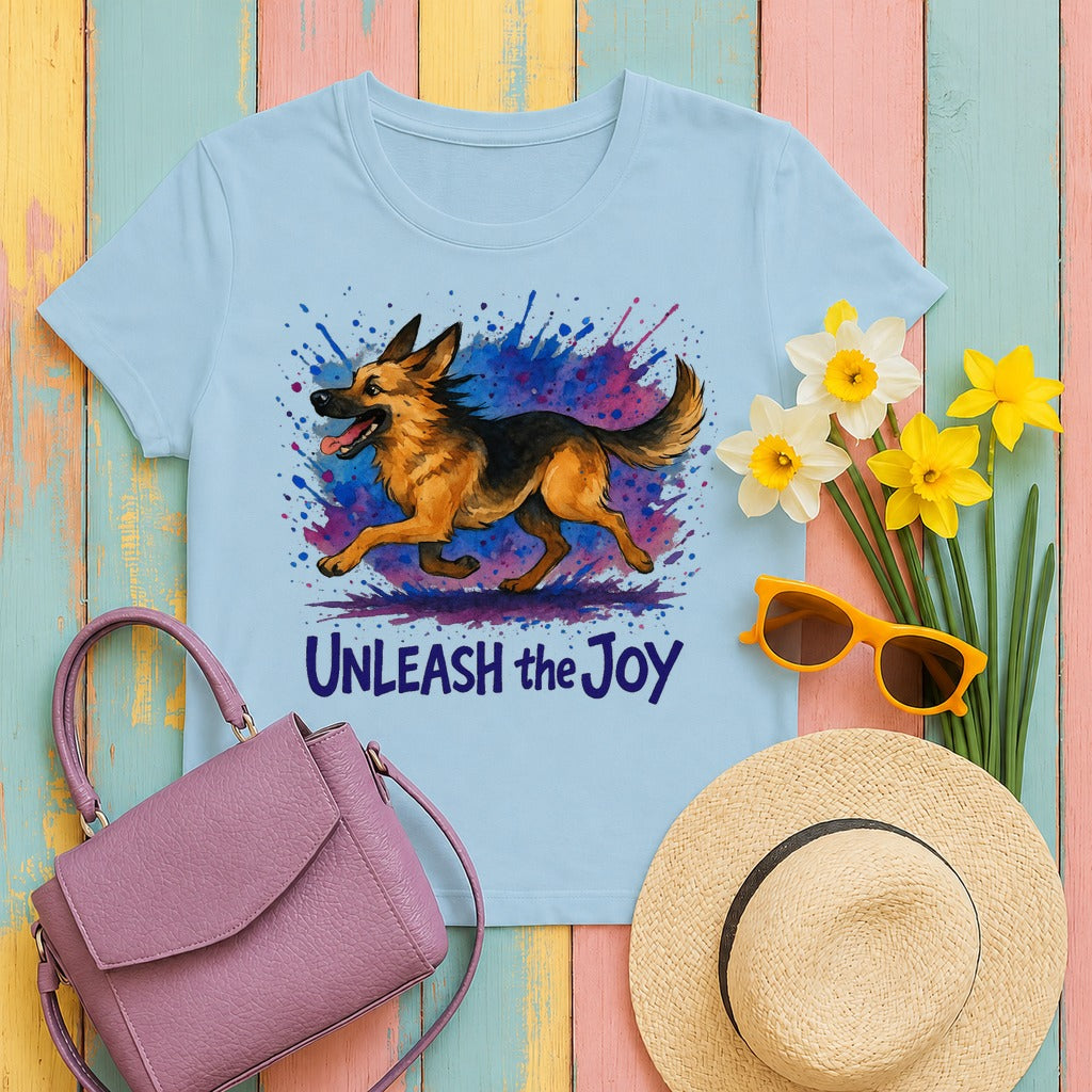Unleash the Joy Watercolor German Shepherd T-Shirt in Light Blue