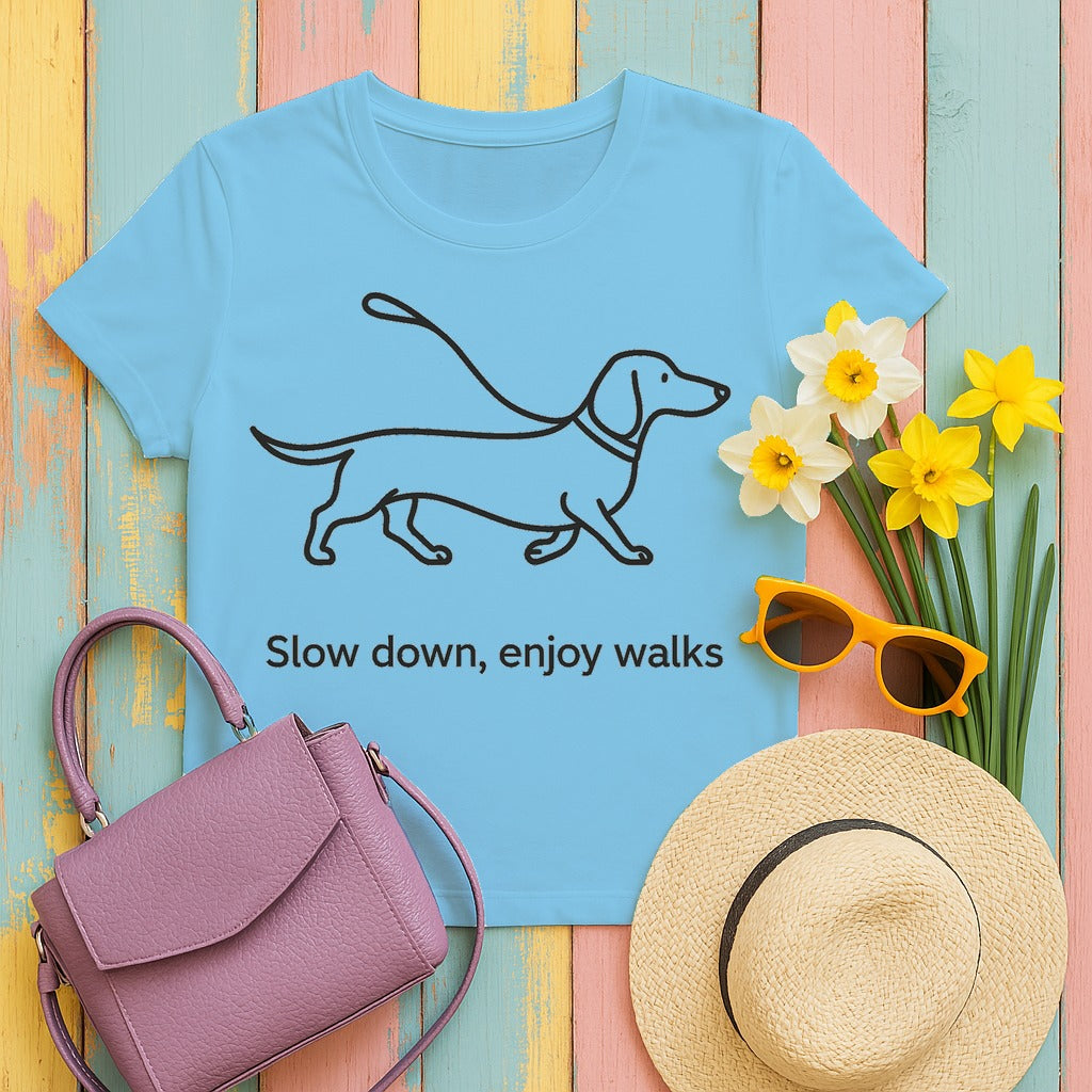 Dachshund Stroll Minimalist T-Shirt in Sky