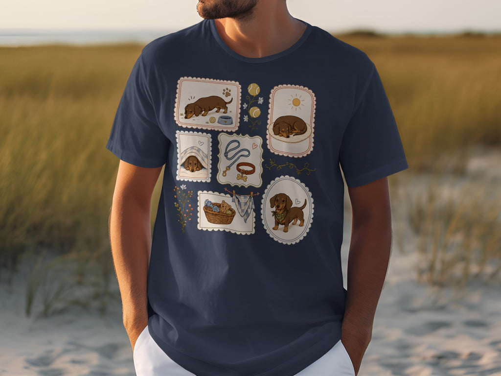 Dark blue t-shirt with illustrations of dachshunds and dog accessories.