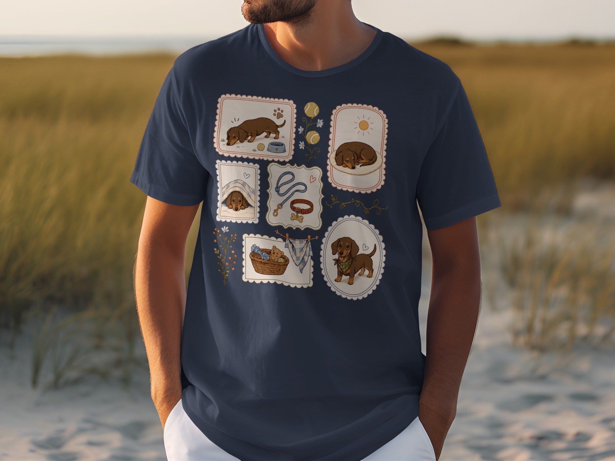 Dark blue t-shirt with illustrations of dachshunds and dog accessories.