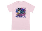 Pink t-shirt with watercolor Australian Shepherd and text "Unleash the Joy."