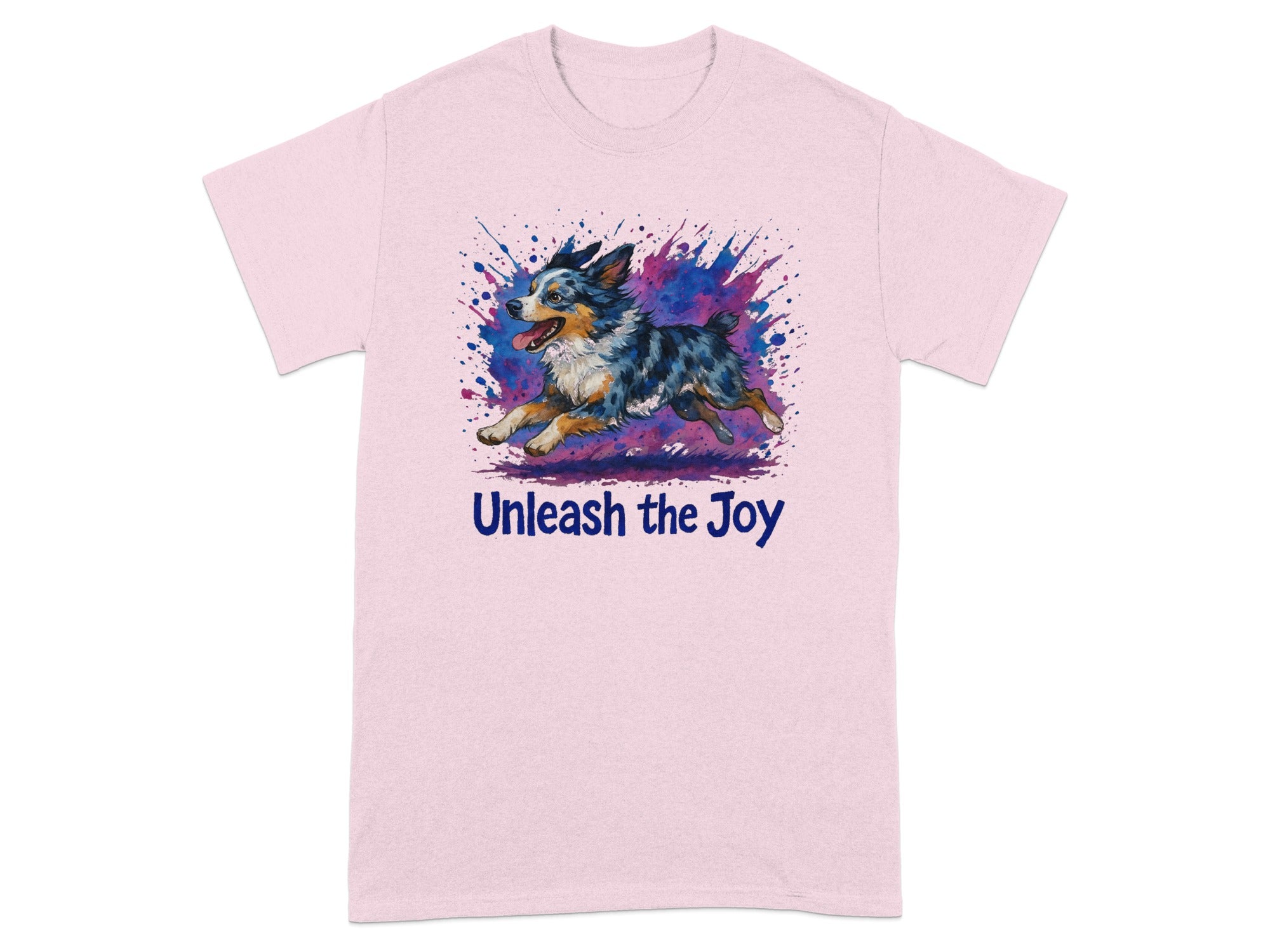 Pink t-shirt with watercolor Australian Shepherd and text "Unleash the Joy."