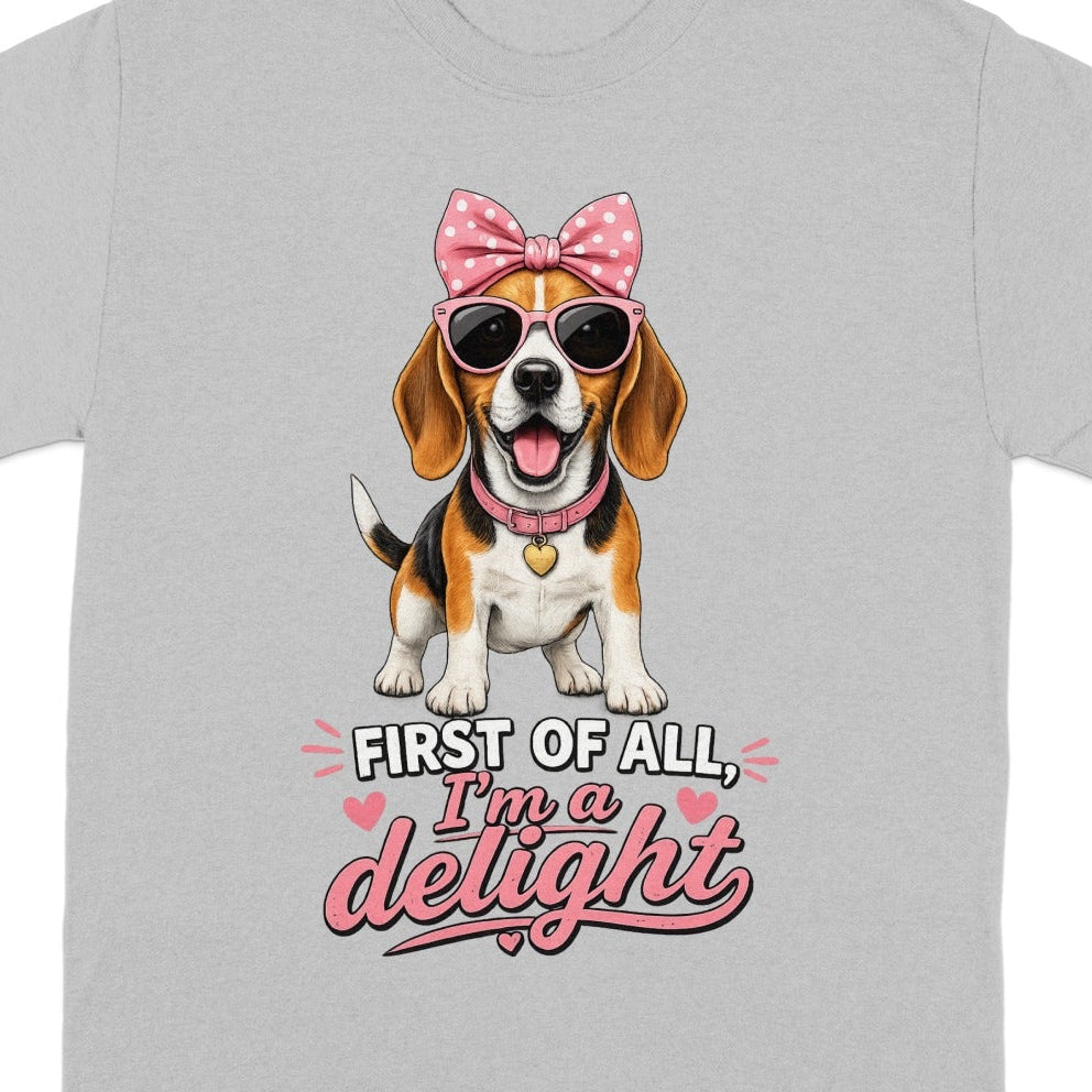 Beagle wearing sunglasses and a pink bow, with text "First of all, I'm a delight."